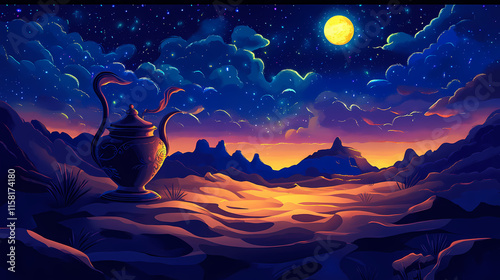 Magic lamp with genie in the desert at night. Aetherial. Illustration photo