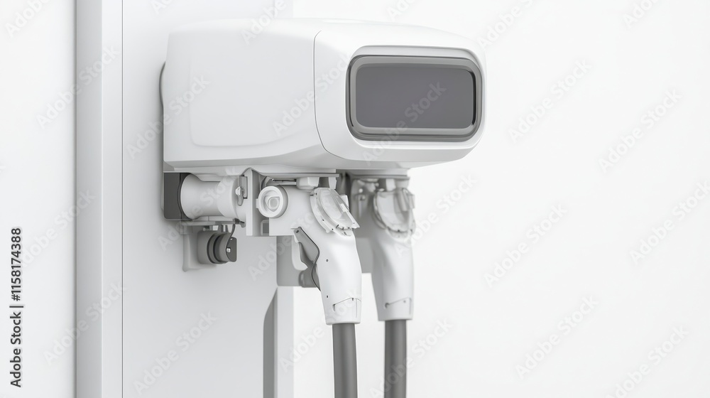 A sleek, modern device mounted on a wall, featuring hoses and a digital display, likely used for a specific functional purpose in a contemporary setting. A sleek, modern device mounted on a wall, featuring hoses and a digital display, likely used for a specific functional purpose in a contemporary setting.