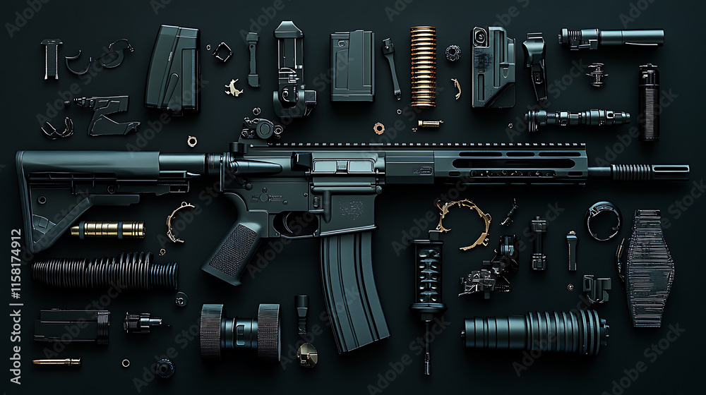 Fototapeta premium Rifle parts, wallpaper, weapon technology for shooting with precision at long range.