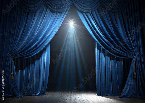 Elegant Blue Silk Theater Curtains Opening on Dark Stage with Spotlight