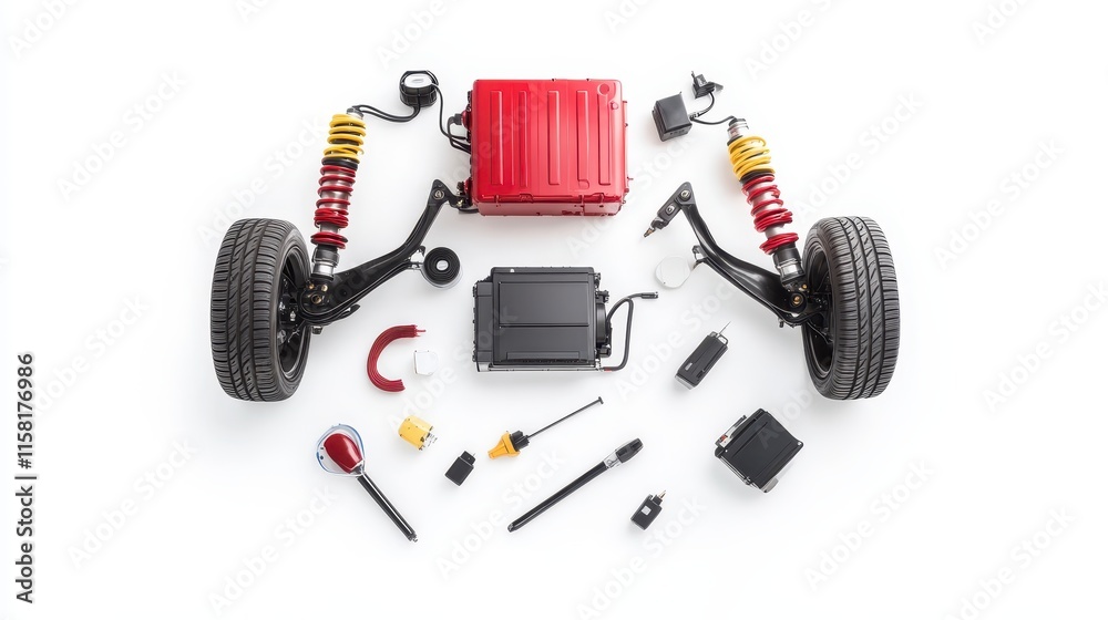 A flat lay of various components, including wheels, springs, and battery packs, arranged neatly on a white background, suggesting a focus on assembly or repair. A flat lay of various components, including wheels, springs, and battery packs, arranged neatly on a white background, suggesting a focus on assembly or repair.