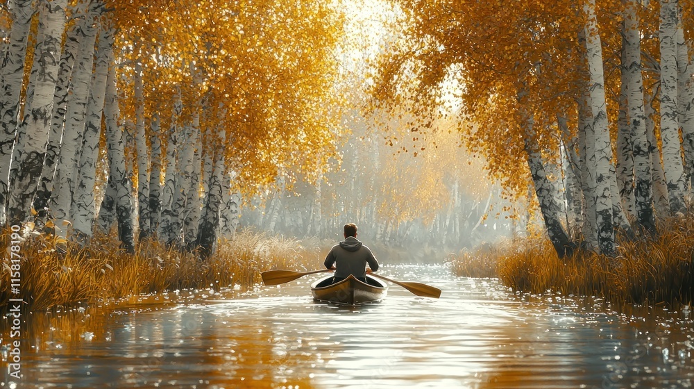 A serene autumn scene with a person kayaking through a tranquil, tree-lined waterway. A serene autumn scene with a person kayaking through a tranquil, tree-lined waterway.