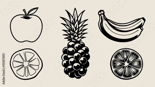 Wallpaper Mural Black and White Fruit Illustration Apple Banana Pineapple Grapes Orange Slices Torontodigital.ca