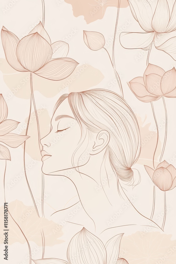 A minimal single line art of a woman surrounded by floating lotus flowers, hand-drawn style minimalist line art, beige colors and soft pink tones, cream-colored background. A minimal single line art of a woman surrounded by floating lotus flowers, hand-drawn style minimalist line art, beige colors and soft pink tones, cream-colored background.