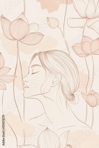 A minimal single line art of a woman surrounded by floating lotus flowers, hand-drawn style minimalist line art, beige colors and soft pink tones, cream-colored background.