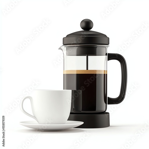 A sleek French press coffee maker beside a white cup on a saucer, showcasing rich black coffee ready to enjoy.