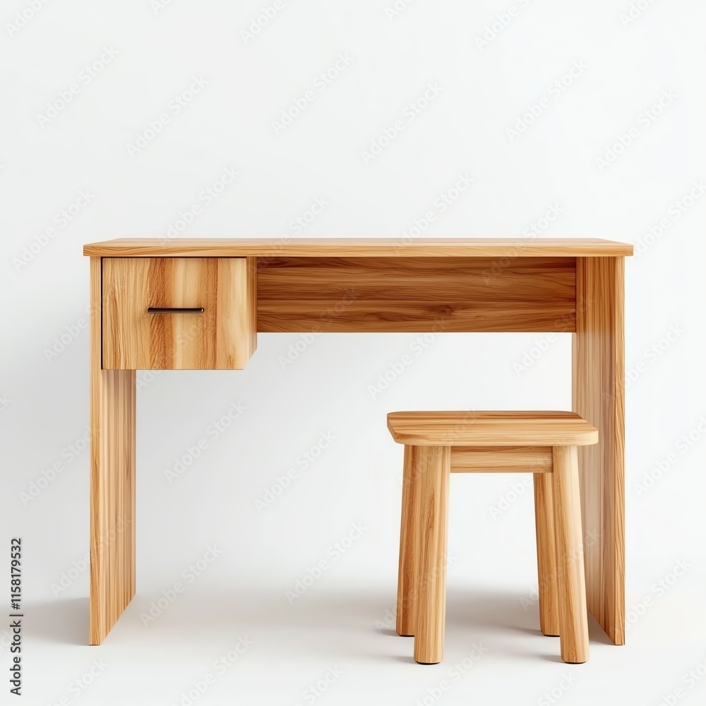 Fototapeta premium A simple wooden desk with a drawer and a matching stool, showcasing a minimalist design against a plain background.