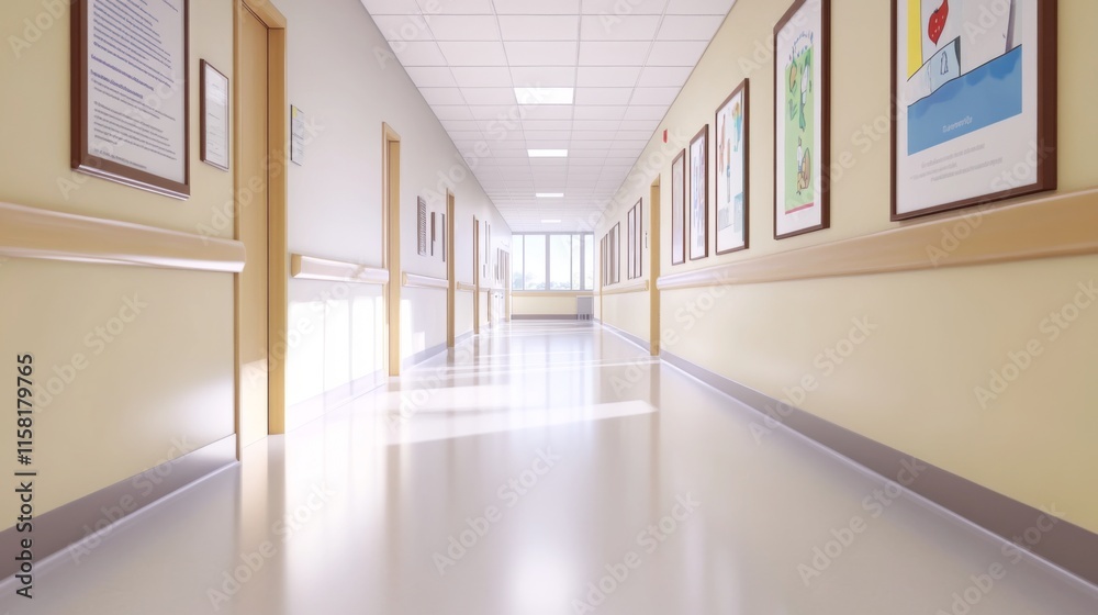 Fototapeta premium Empty pediatric clinic featuring vaccination posters, conveying a message of preparedness and public health awareness in a serene and hygienic environment.