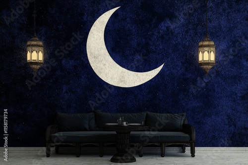 A vintage-style poster of an Eid iftar celebration, with muted tones, ornate lanterns, and a crescent moon centerpiece photo