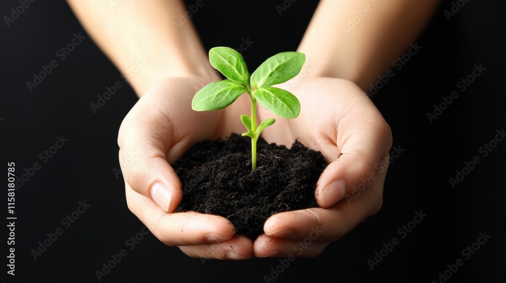 Nurturing a young plant in hands with rich soil Nurturing a young plant in hands with rich soil