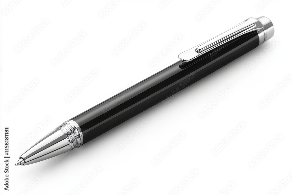 Sleek Black Ballpoint Pen with Chrome Accents Resting on White Background, Ideal for Professional and Creative Settings, Perfect for Writing and Corporate Use Sleek Black Ballpoint Pen with Chrome Accents Resting on White Background, Ideal for Professional and Creative Settings, Perfect for Writing and Corporate Use