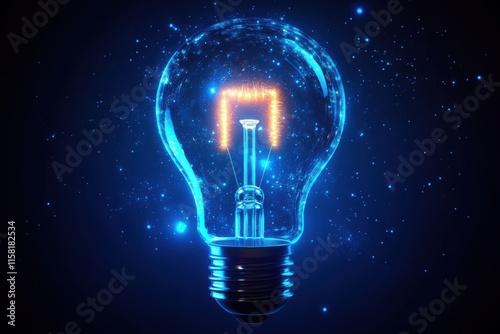 Glowing Light Bulb with Electric Coil Illuminated in Dark Space Surrounded by Stars and Cosmic Particles, Symbolizing Innovation and Creativity in Technology