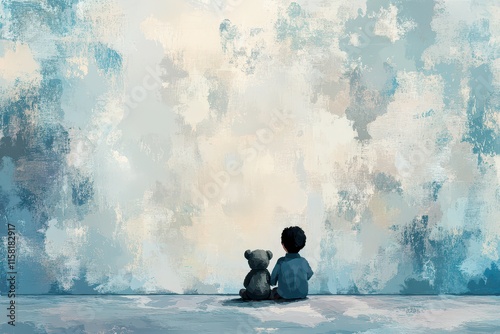 A child and a teddy bear sit together, gazing at a textured, muted wall.