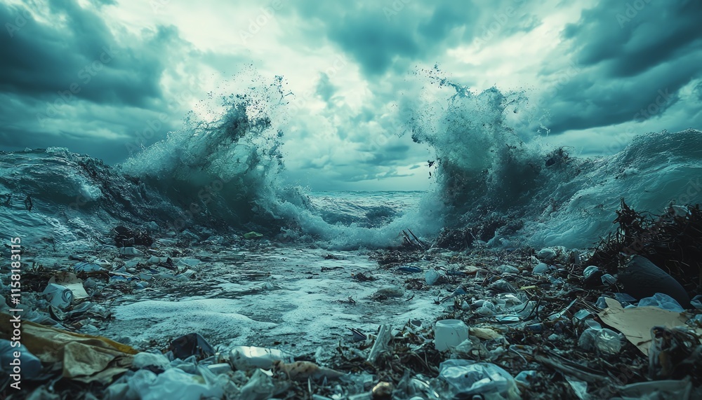 Naklejka premium Toxic ocean environment with plastic waste, polluted water, and debris washing ashore, depicting the devastating effects of human negligence