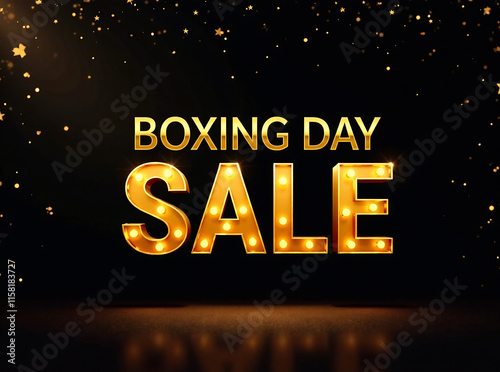 Boxing Day Sale banner in gold against starry black background, festive shopping promotion