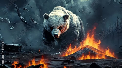 ferocious panda with burning ground, fire flame with angry panda face