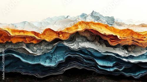 A vibrant, layered abstract artwork resembling mountains with textures of blue, orange, and gray tones, evoking a sense of depth and natural beauty.