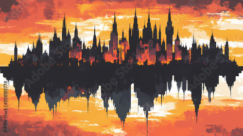 Aetherial cityscape: floating castles in a sunset sky. Aetherial. Illustration photo