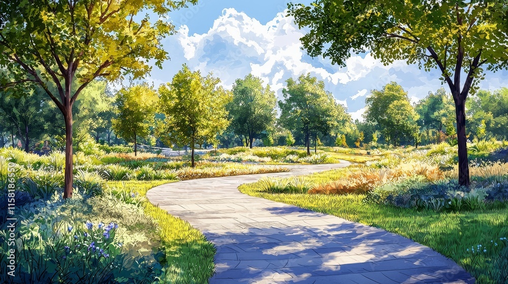 Obraz premium Serene Pathway Through Lush Green Park Surrounded by Vibrant Trees and Colorful Flowers Inviting Peaceful Strolls in Nature's Embrace