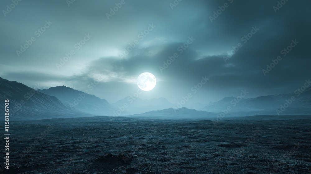 Naklejka premium A serene, moonlit landscape with misty mountains under a cloudy sky.