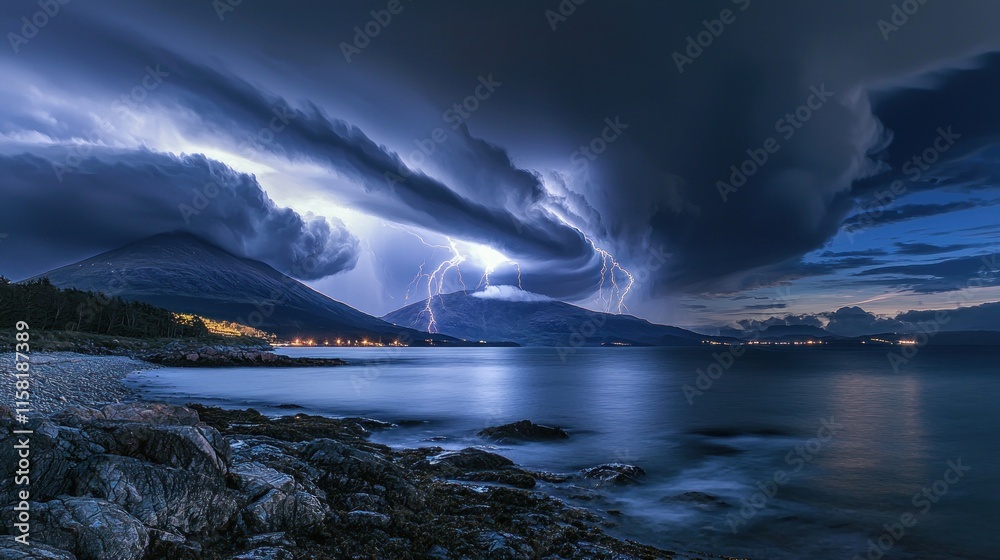 Dramatic thunderstorm over a serene coastal landscape at twilight.