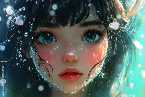 cinematic of a lovely cute looking anime mermaid girl, paint art style photo