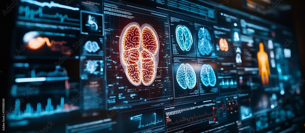 Obraz premium Neurological Data Visualization: Advanced Brain Scan Analysis on a Futuristic Interface