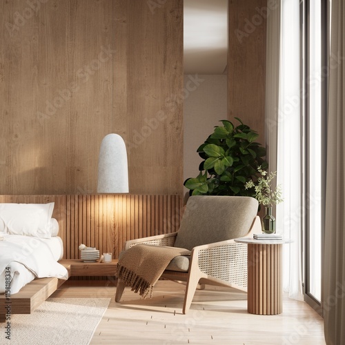 A serene, modern bedroom featuring natural wood elements, a cozy chair, lush greenery, and soft textiles that promote relaxation and comfort. 3d rendering interior.