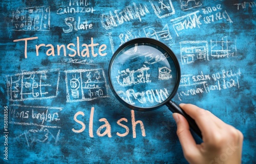 Translate Slash Magnifying Glass on Chalkboard with Language Translation Concepts photo