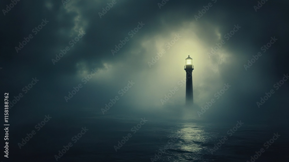 A lighthouse shines through fog and darkness, guiding ships safely at sea. A lighthouse shines through fog and darkness, guiding ships safely at sea.