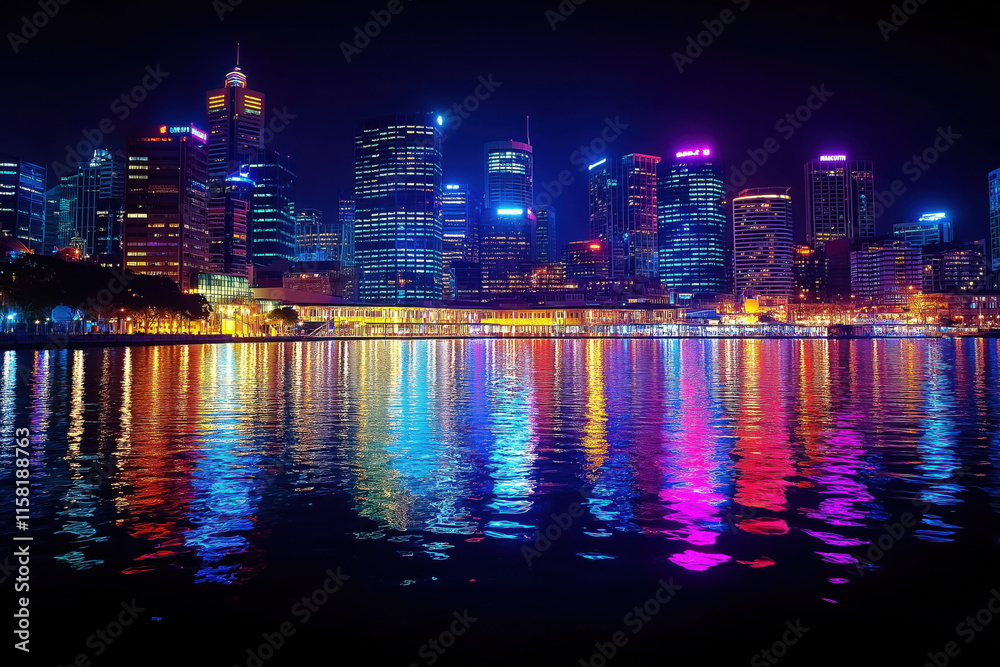 Vibrant city skyline reflected in calm water at night. Vibrant city skyline reflected in calm water at night.
