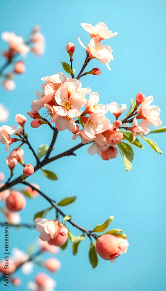 Panoramic shot of flowering apricot branches on a blue background with copy space: spring time concept, grunge, with white tones Panoramic shot of flowering apricot branches on a blue background with copy space: spring time concept, grunge, with white tones