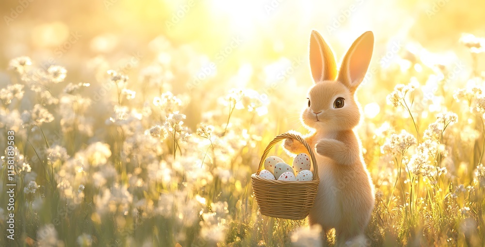 Fototapeta premium A cute bunny standing in tall grass, holding an Easter basket, easter background