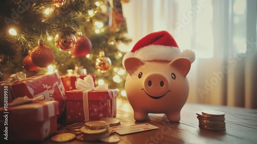 piggy bank wearing a Santa hat