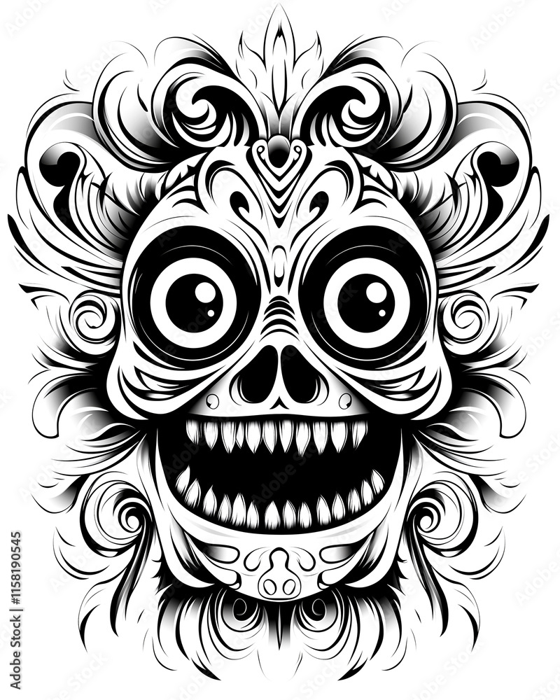 Obraz premium A black and white drawing of a skull with a smile on its face. The skull has a large mouth and is surrounded by a lot of detail, including flowers and leaves. Scene is playful and whimsical