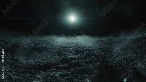 A dark, surreal landscape with a glowing celestial body and misty terrain.