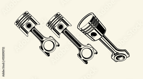 three pistons monochrome style vector illustration isolated on cream background. Design element for poster, flyer, card, banner. Engine Piston Vector. Car pistons vector illustration. 