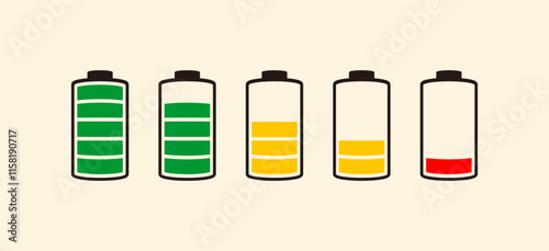 Battery fast charging features and issues icon set in black and colorful style. Battery symbols with fast charging, exclamation, low, plus, minus, tick and full charge signs