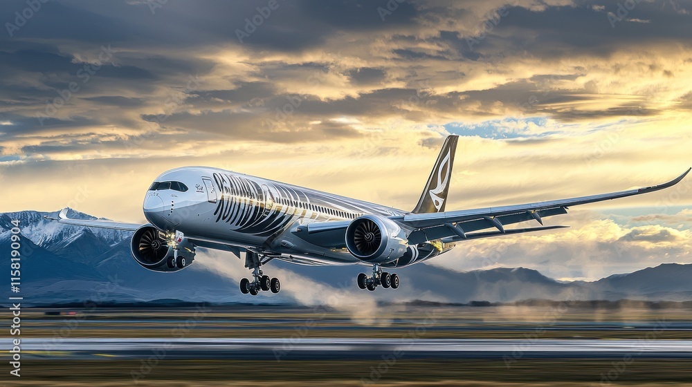 Obraz premium An airplane taking off against a scenic backdrop of mountains and clouds.