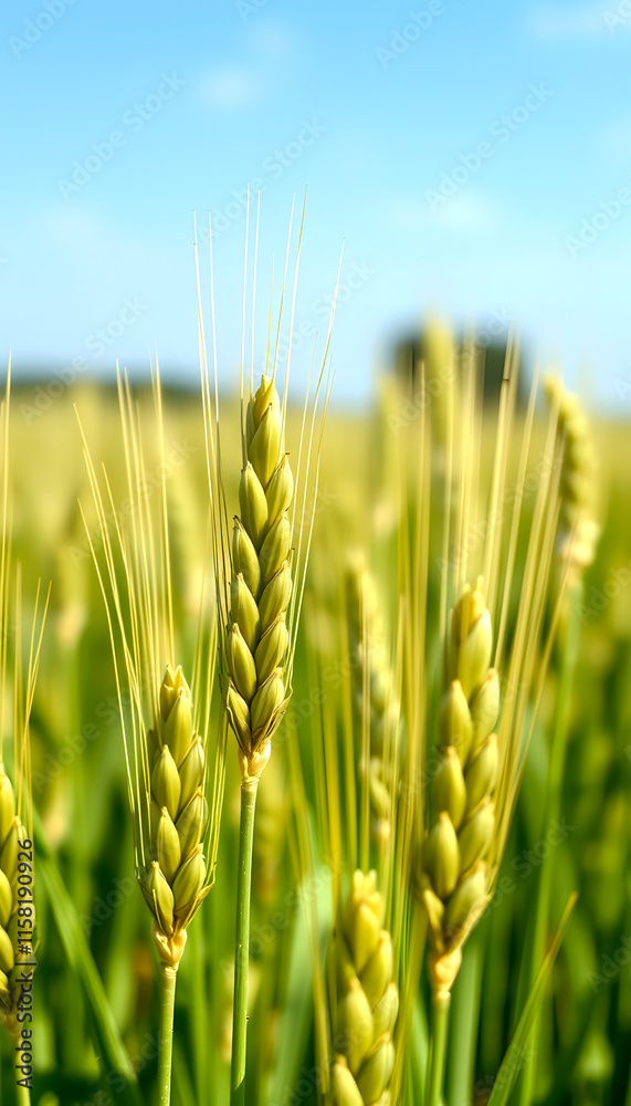 Macro close up of fresh young ears of young green wheat in spring summer field. Free space for text. Agriculture scene, masterpiece, with white tones Macro close up of fresh young ears of young green wheat in spring summer field. Free space for text. Agriculture scene, masterpiece, with white tones