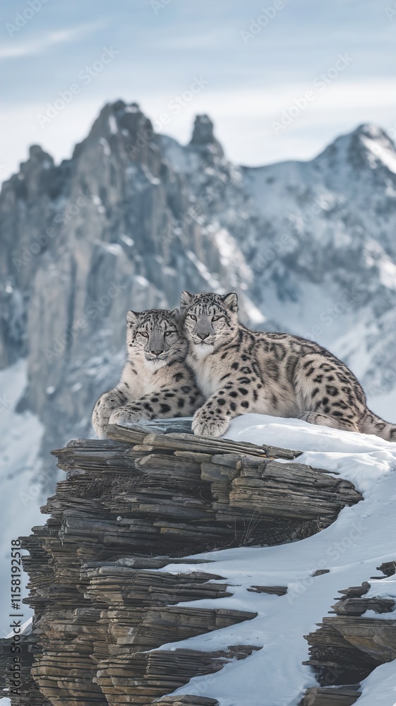 Fototapeta premium Two Snow Leopards on Snowy Mountain Ridge, Wildlife in Himalayas