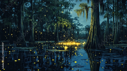 A firefly-lit night in a southern swamp forest the trees reflected in still waters. Mystify. Illustration photo