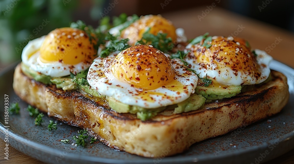 Savory French toast topped with avocado, poached eggs, and herbs. Savory French toast topped with avocado, poached eggs, and herbs.