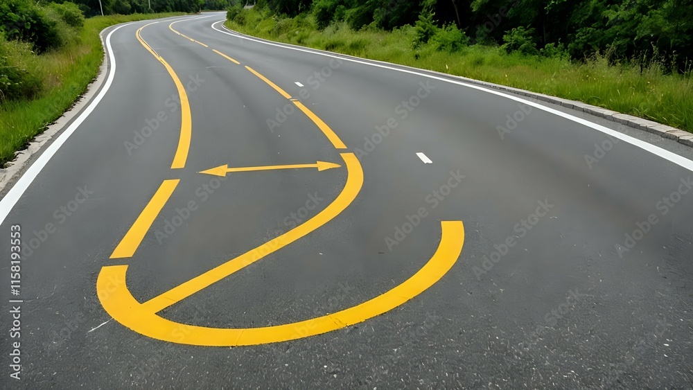 Curved road with bright yellow U-turn marking surrounded by green grass and trees. Transportation concept
Curved road with bright yellow U-turn marking surrounded by green grass and trees. Transportation concept