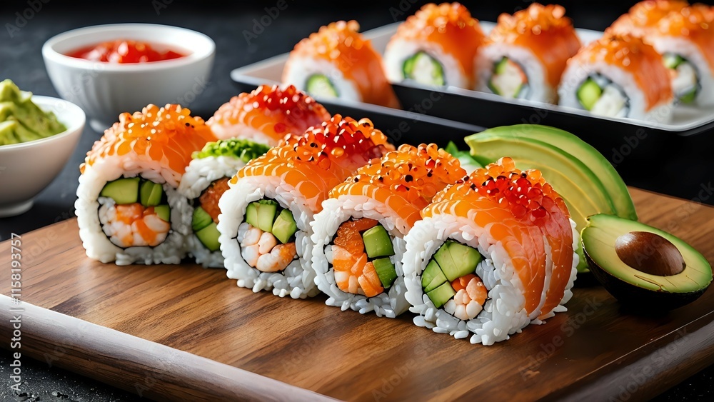 Sushi rolls with fresh salmon, fish roe, avocado, and cucumber served on a wooden platter. Culinary concept
Sushi rolls with fresh salmon, fish roe, avocado, and cucumber served on a wooden platter. Culinary concept