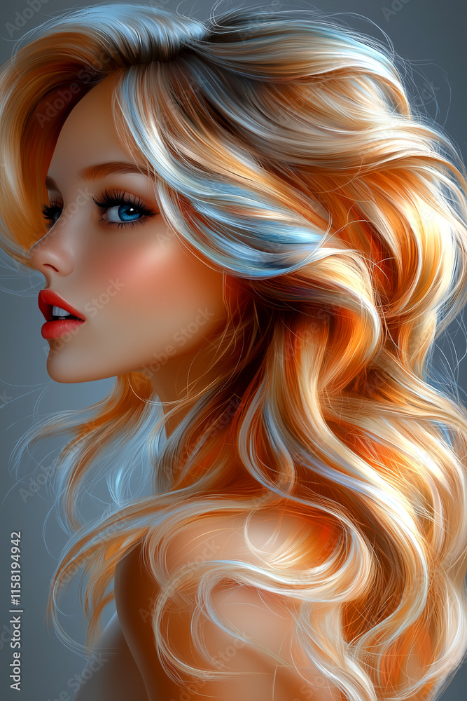 Fototapeta premium A woman with long blonde hair and blue eyes. She is wearing red lipstick