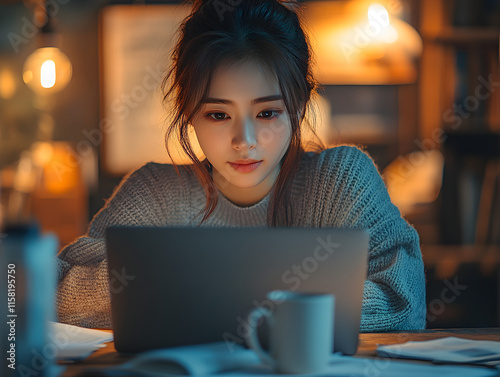 a woman sitting at a table with a laptop photo