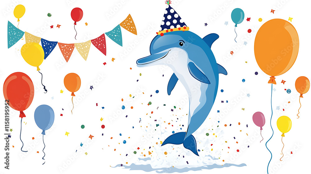 Fototapeta premium cheerful dolphin wearing party hat celebrates with colorful balloons and confetti