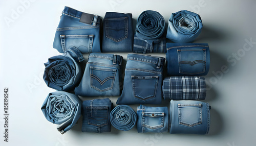 Denim A casual arrangement of folded and rolled denim jeans in varying shades of blue, placed on a clean w2 photo