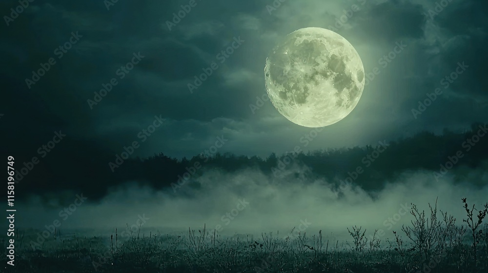 Fototapeta premium A serene night scene featuring a large moon over a misty landscape.